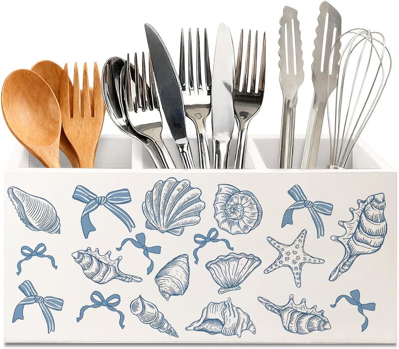 KBRCT Coquette Blue Seashell Coastal Beach Wooden Utensils Holder, Preppy Nautical Beachy Sea Shell Wood Cooking Utensil Holder Organizer for Kitchen Countertop Counter Decor Accessories - Image 1